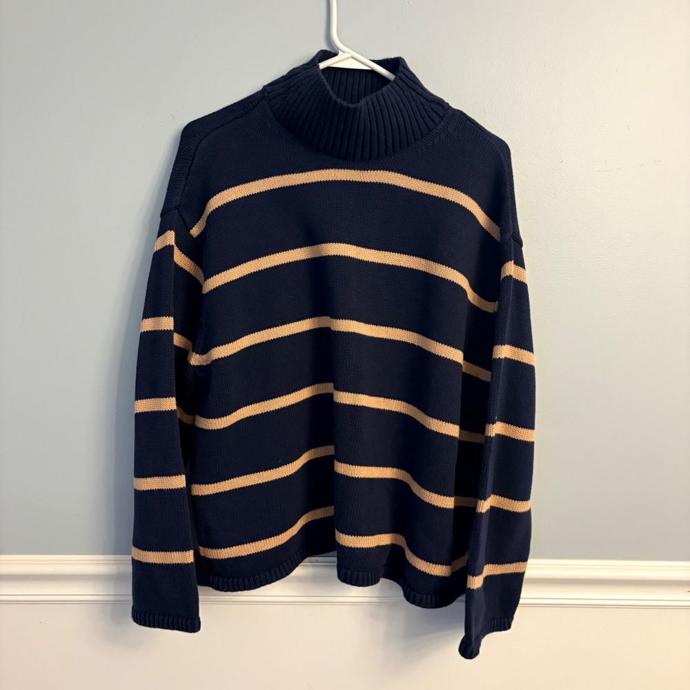 VTG Gap Womens Navy Blue Tan Striped Mock Neck Fisherman Cotton Knit Sweater S